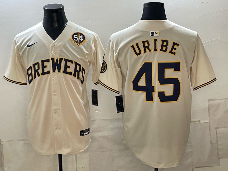 Men 2026 Milwaukee Brewers #45 Uribe cream Game Nike MLB Jersey 101602
